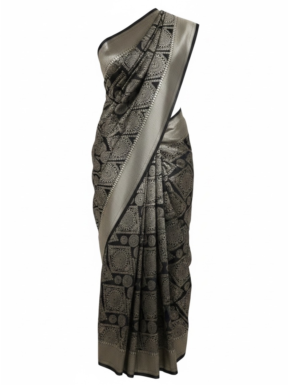 Black and Silver Embroidered Geometric Sari